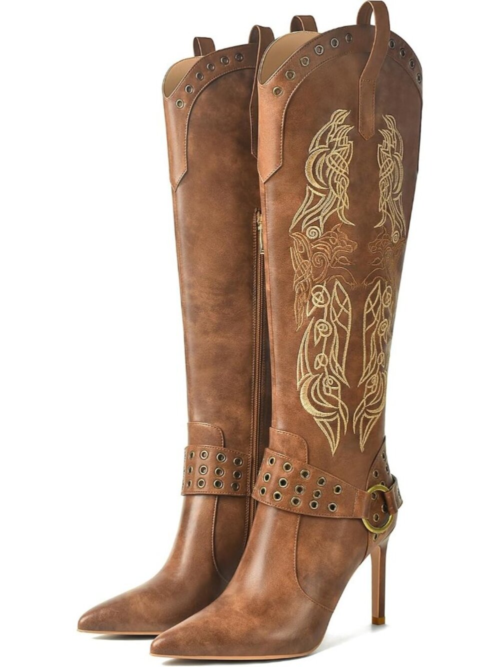 Women's Brown Knee High Cowgirl Boots Stiletto High Heel Pointed Toe Side Zip